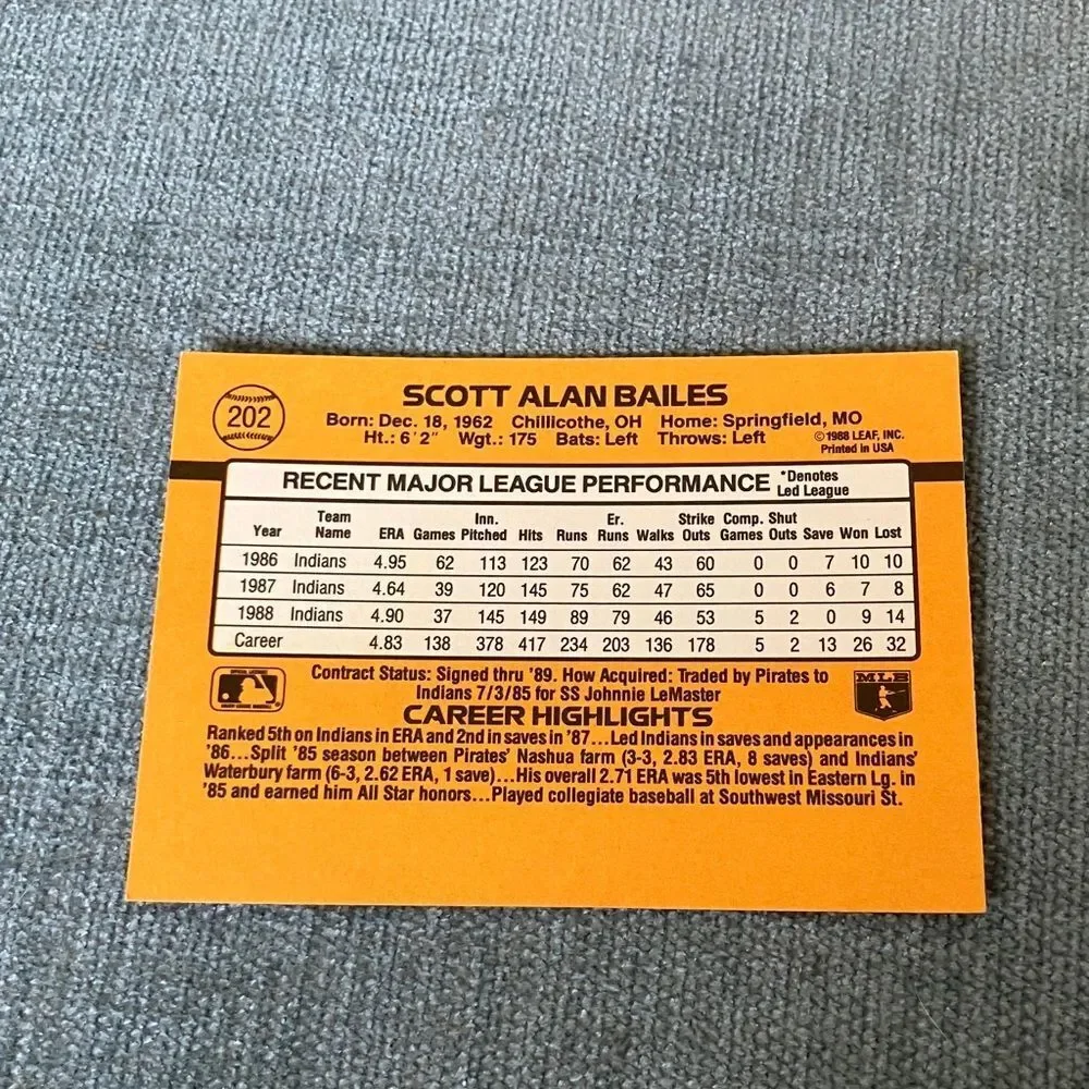 1989 Donruss Cleveland Indians Baseball Card Trading Card